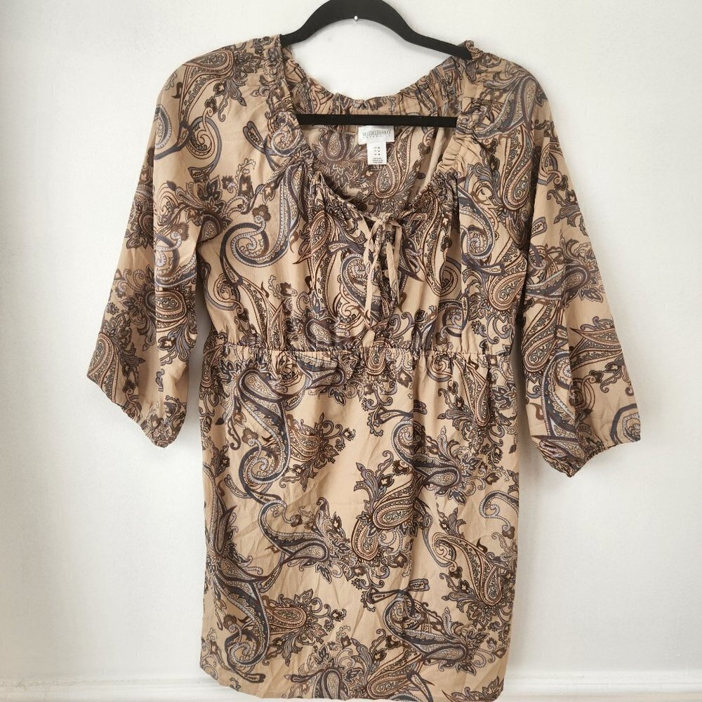 Motherhood Maternity Tan Paisley 3/4 Length Sleeve Tunic Top Peasant Blouse M